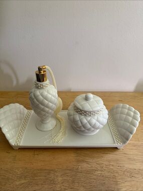 White Ceramic Vanity Tray Set with Perfume Atomizer and Trinket Jar with cover